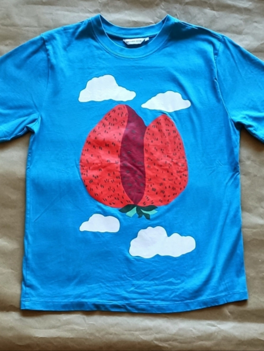 Marimekko Pilvinen Strawberry Mountains Cloud Blue Red Cotton T Shirt Small